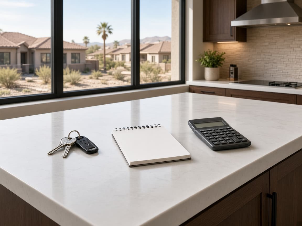 Kitchen island with house keys and a calculator for Providence home financing