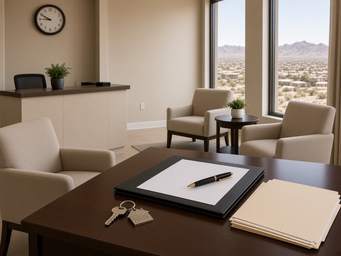 Quiet closing table with house keys and documents at a Las Vegas real estate office