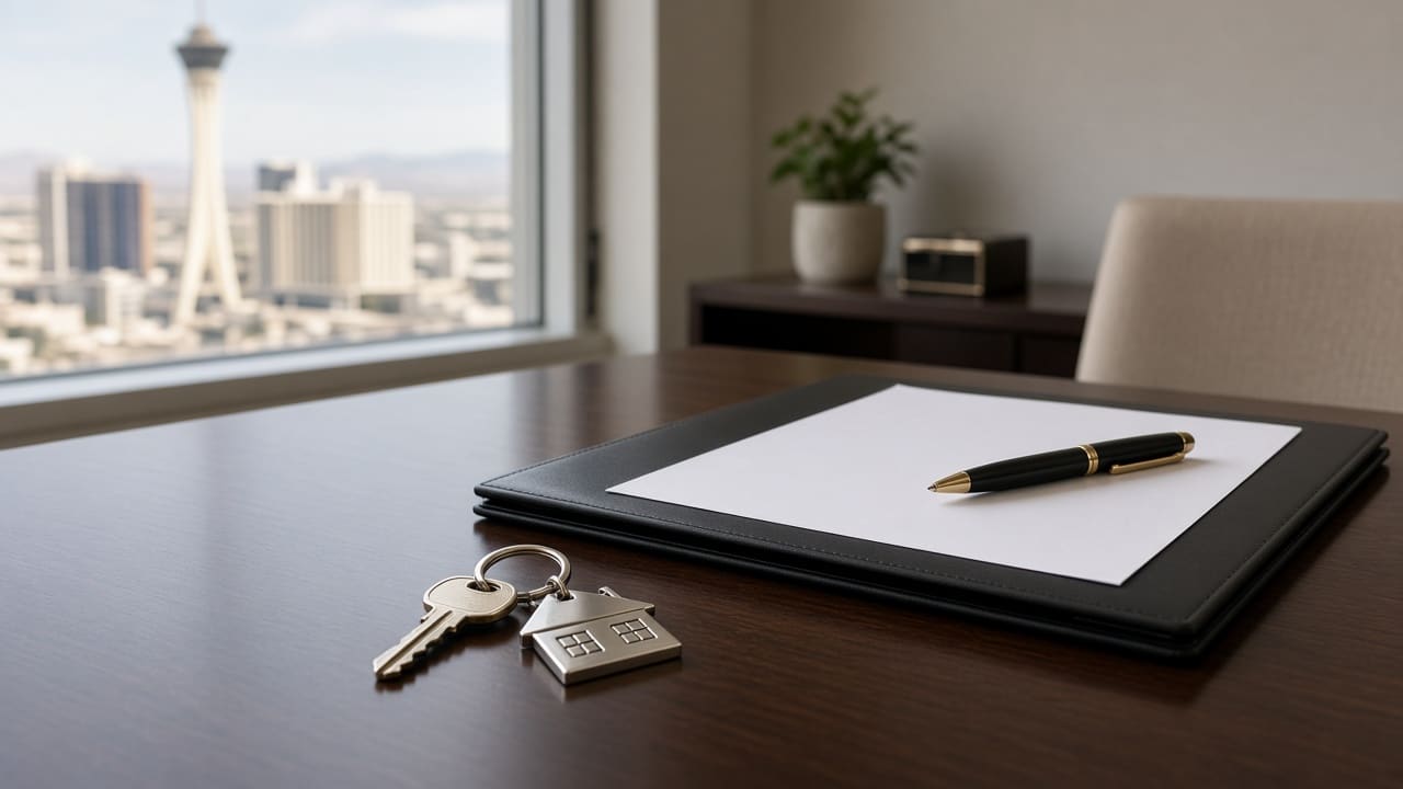 Quiet closing table with house keys at a Las Vegas real estate office
