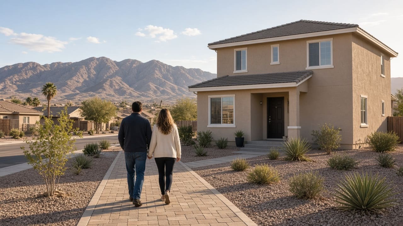 Walkway leading to a modest two-story home in Providence Las Vegas