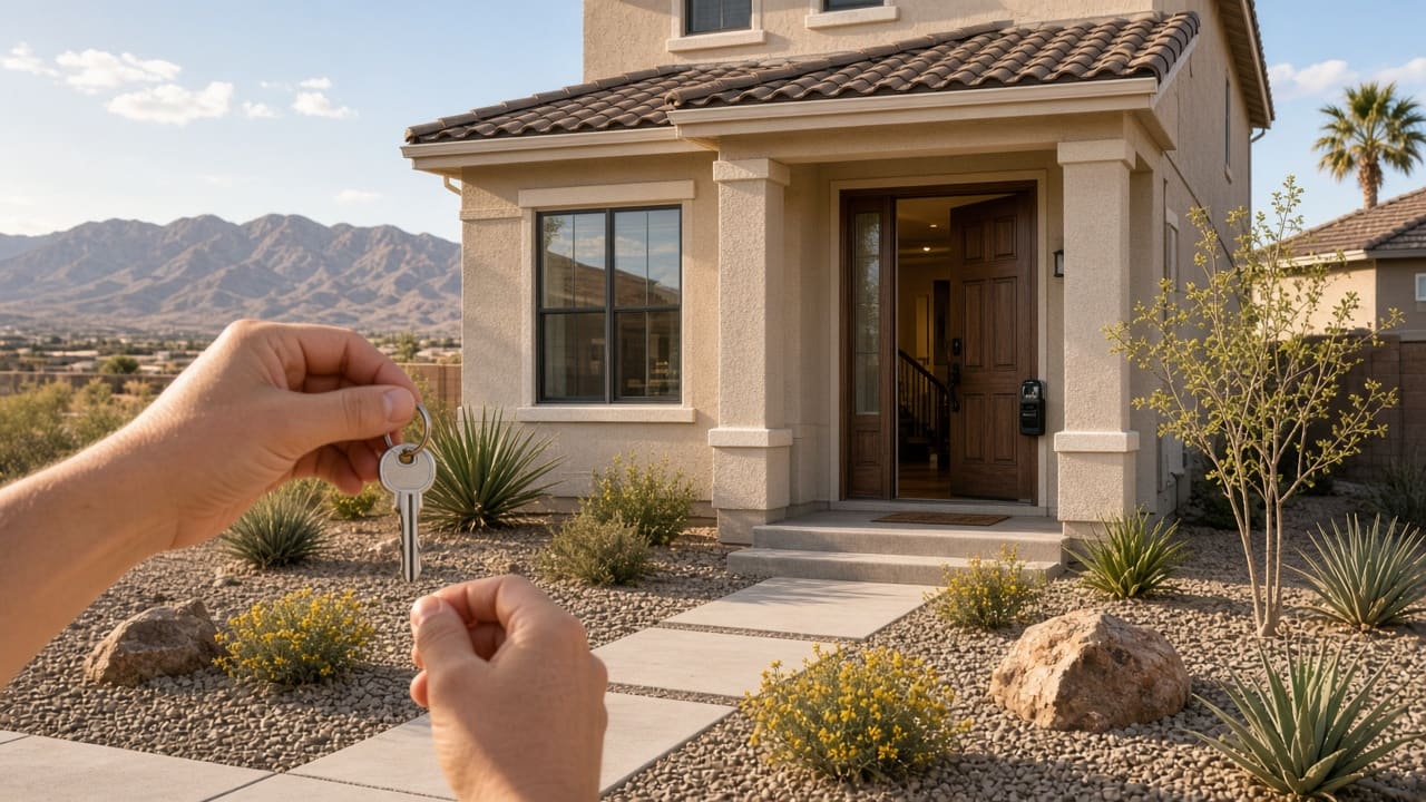 Front entry of a Providence Las Vegas home with keys at the door