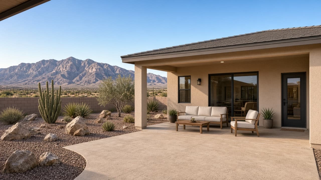 Single-story patio home with a covered backyard in Providence Las Vegas