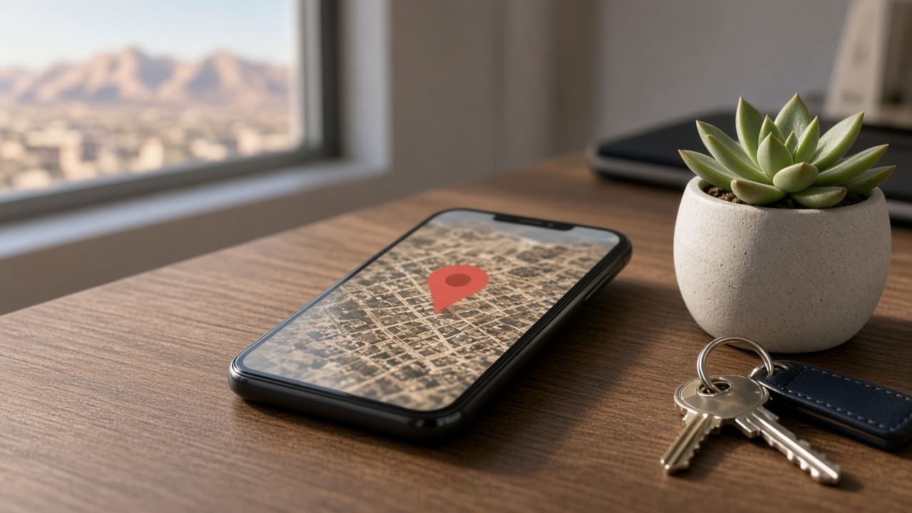 Map pin on a phone beside office keys for Providence Real Estate Las Vegas