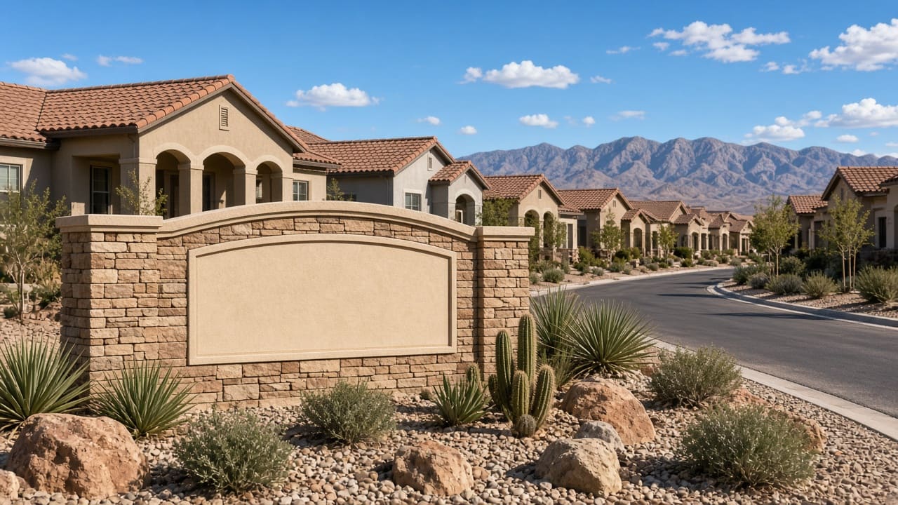 HOA community entrance and streetscape in Providence Las Vegas