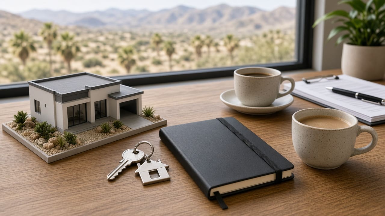 Real estate consultation table with keys and a house model in Las Vegas