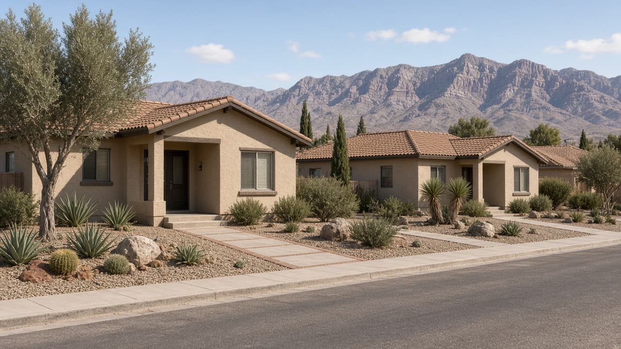 Single-story stucco homes on a quiet Providence Las Vegas street
