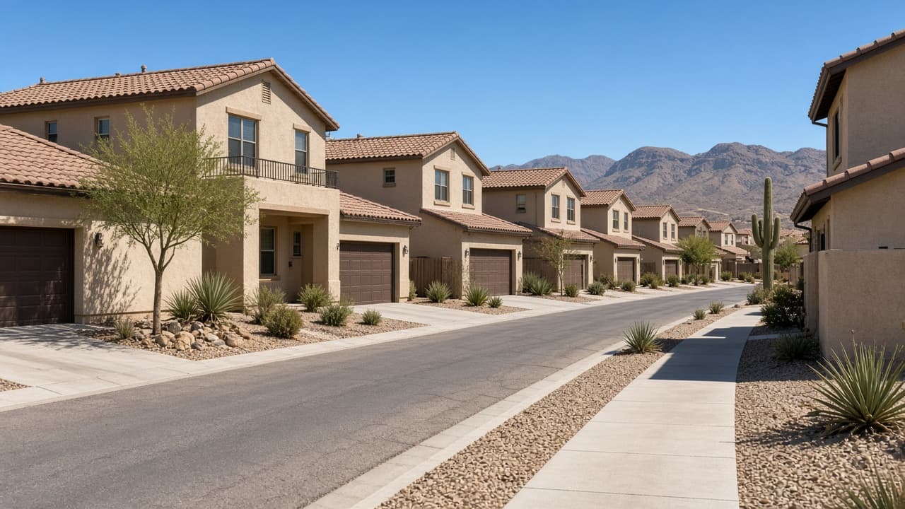 Two-story stucco homes on an HOA street in Providence Las Vegas