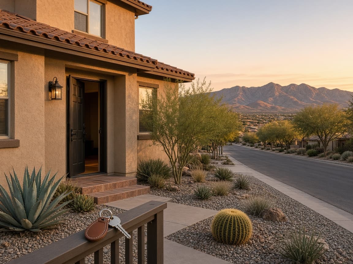 Front porch and house keys at a tile-roof home on an HOA street in Providence Las Vegas