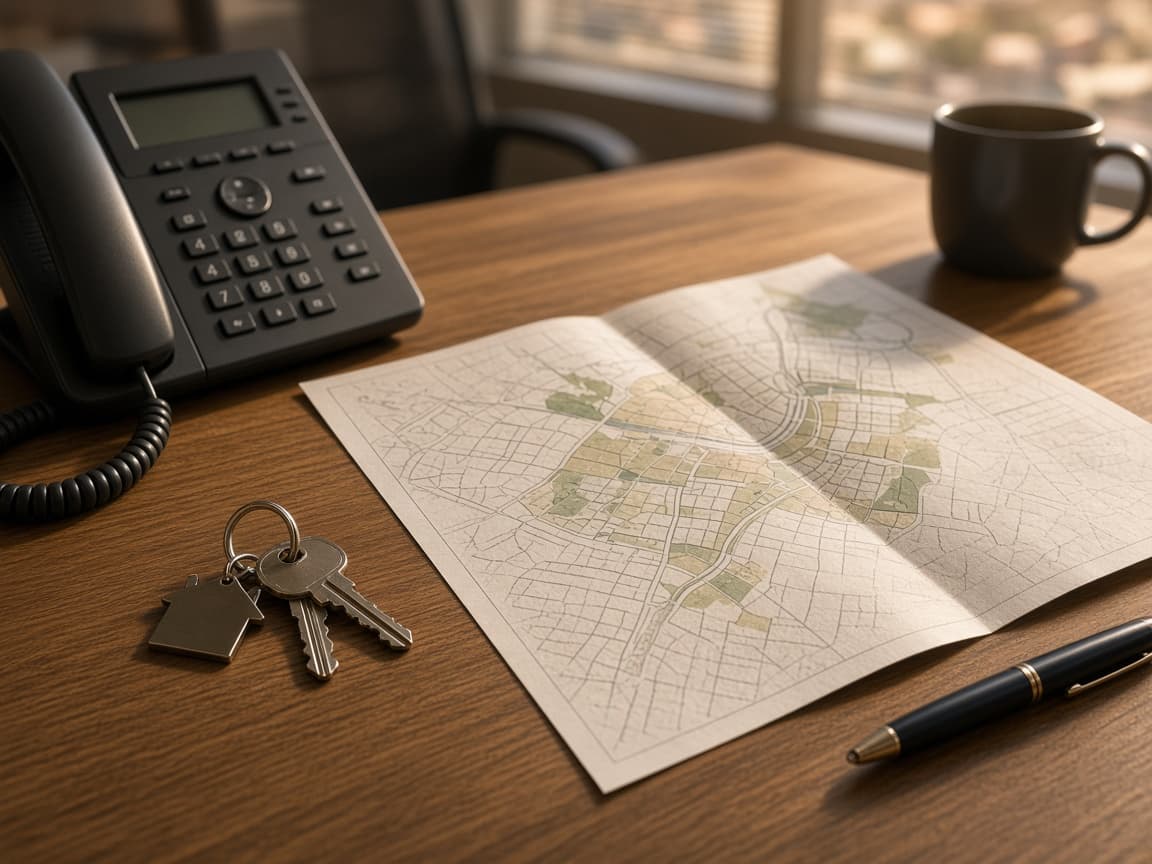 Phone, house keys, and a neighborhood map on a Providence Real Estate desk