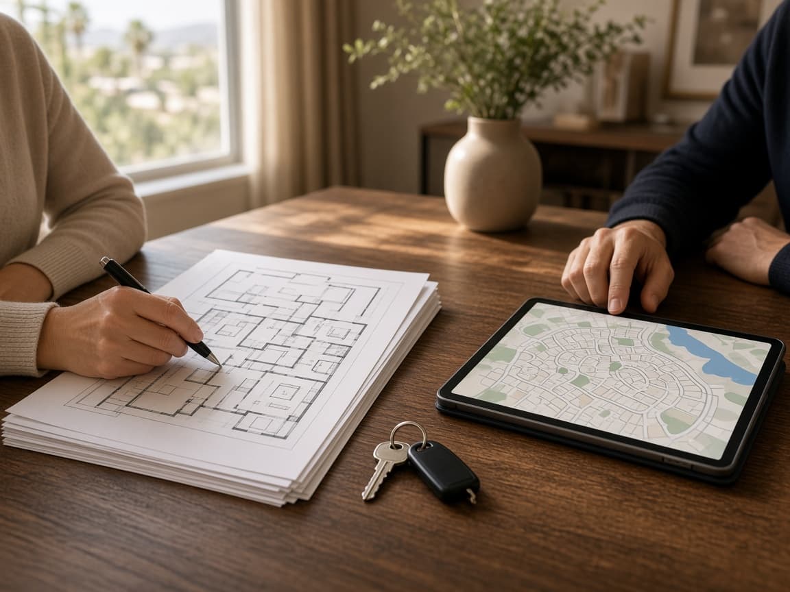 Floor plans, house keys, and a neighborhood map on a consultation table in Las Vegas