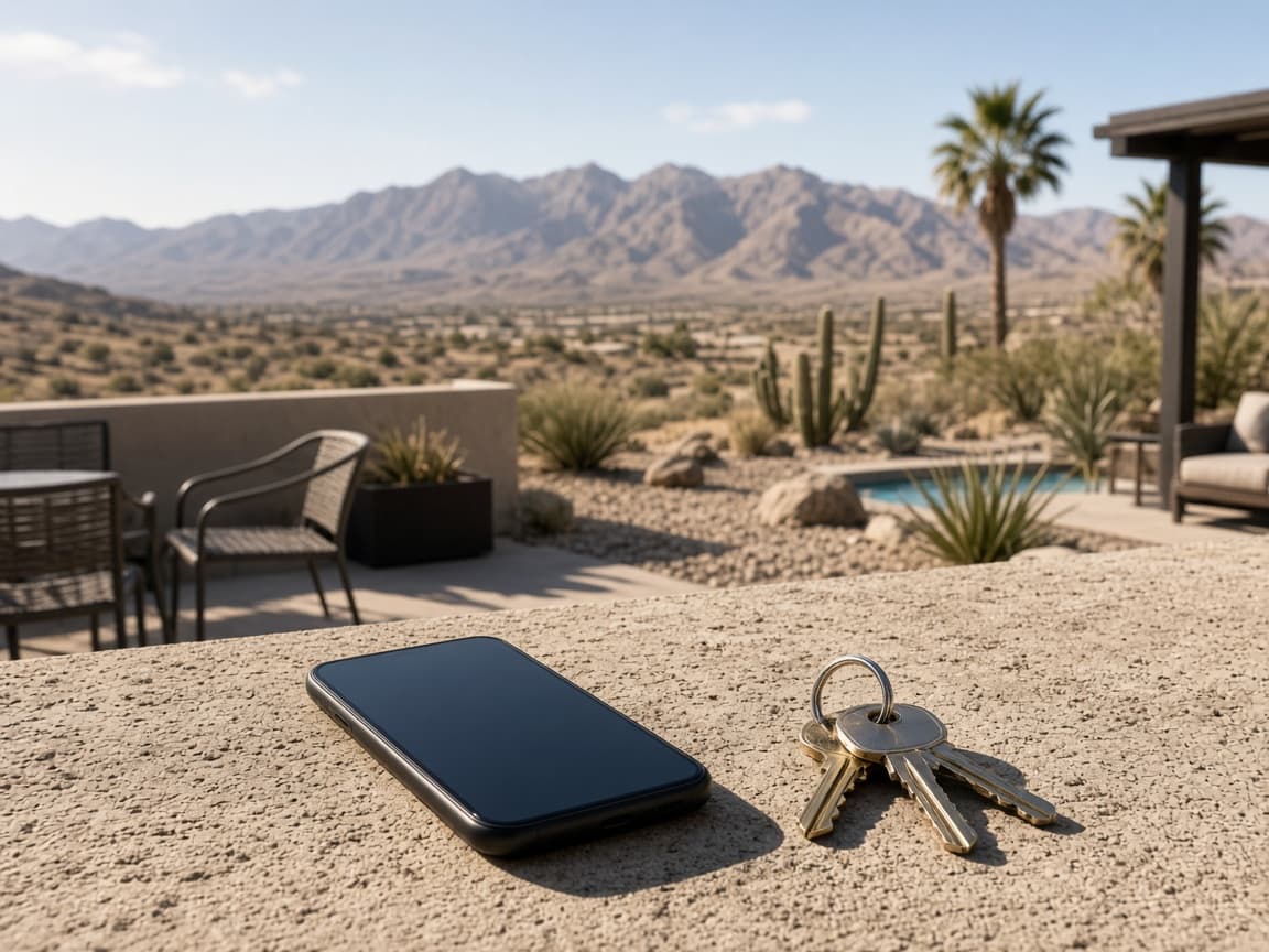 House keys and a phone on a patio table overlooking a Las Vegas backyard