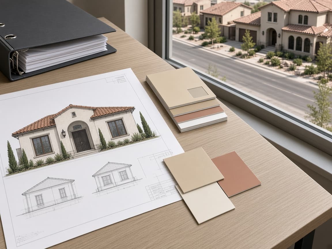 Architectural drawings and paint samples for Providence HOA design review in Las Vegas