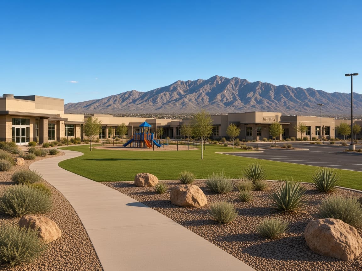 Empty northwest Las Vegas school campus exterior after hours with desert landscaping