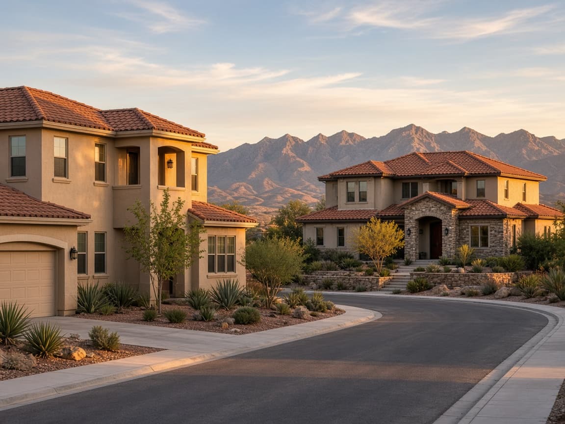 Two different-sized stucco homes on a Providence Las Vegas street illustrating a move-up path