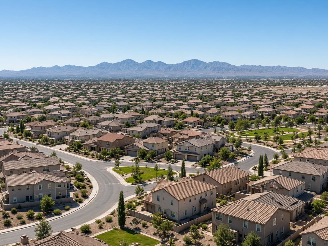 Elevated view of Providence Las Vegas streets, parks, and tile-roof homes with desert mountains