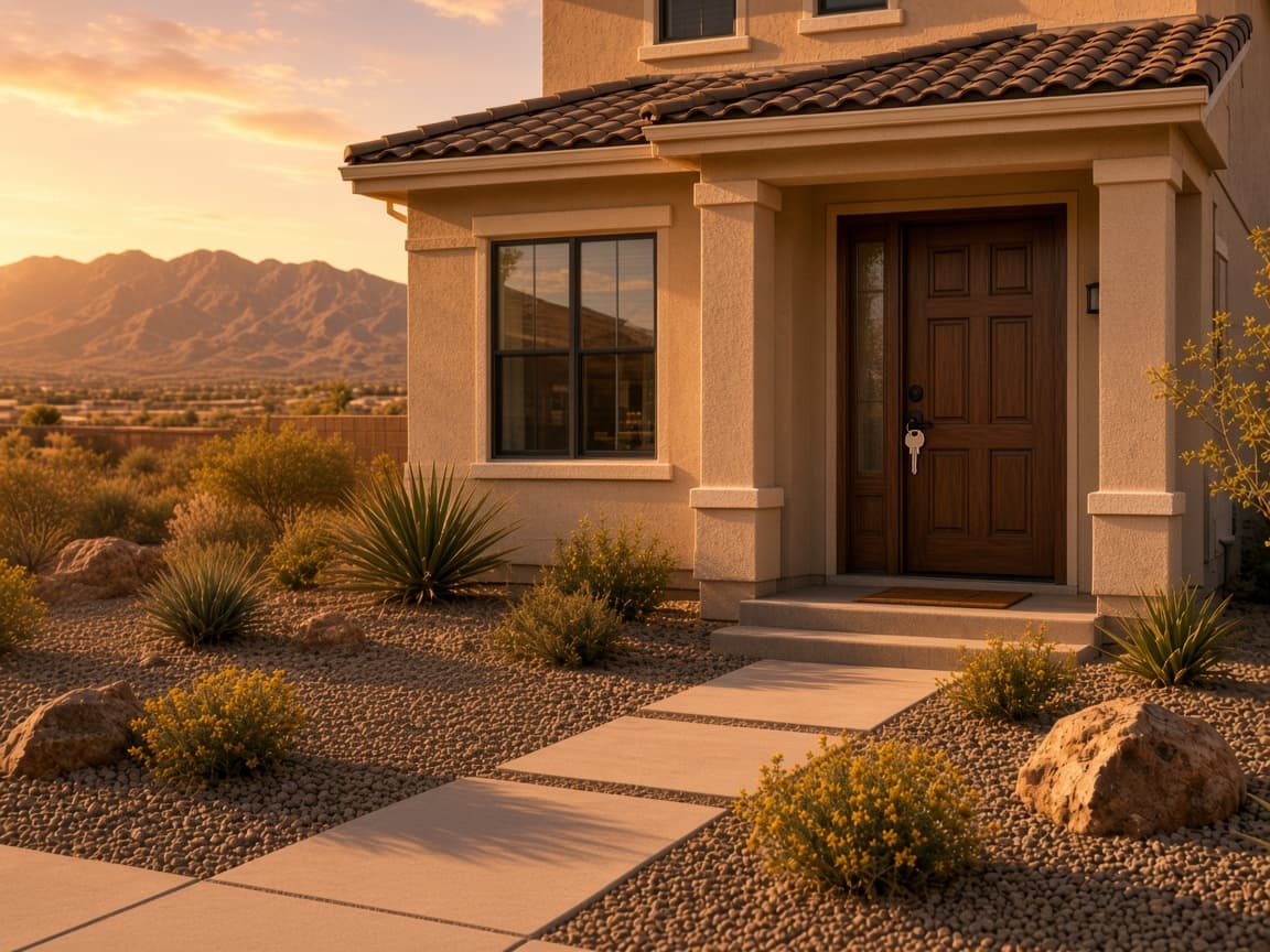 House keys in the front door of a Providence Las Vegas home at golden hour
