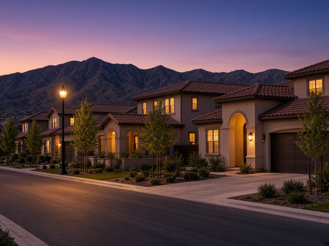 Dusk lights in tile-roof homes along a Providence Las Vegas HOA street
