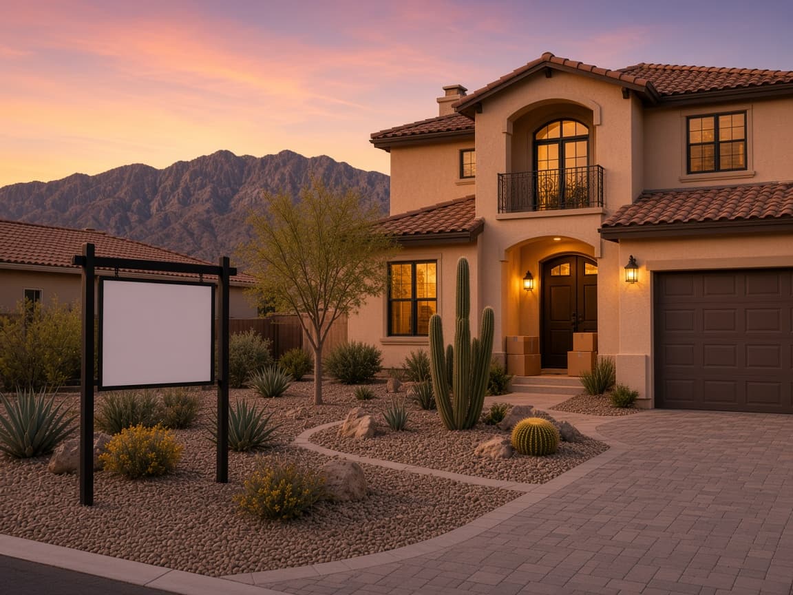 Listing-ready Providence Las Vegas home with a lockbox and packed boxes on the porch