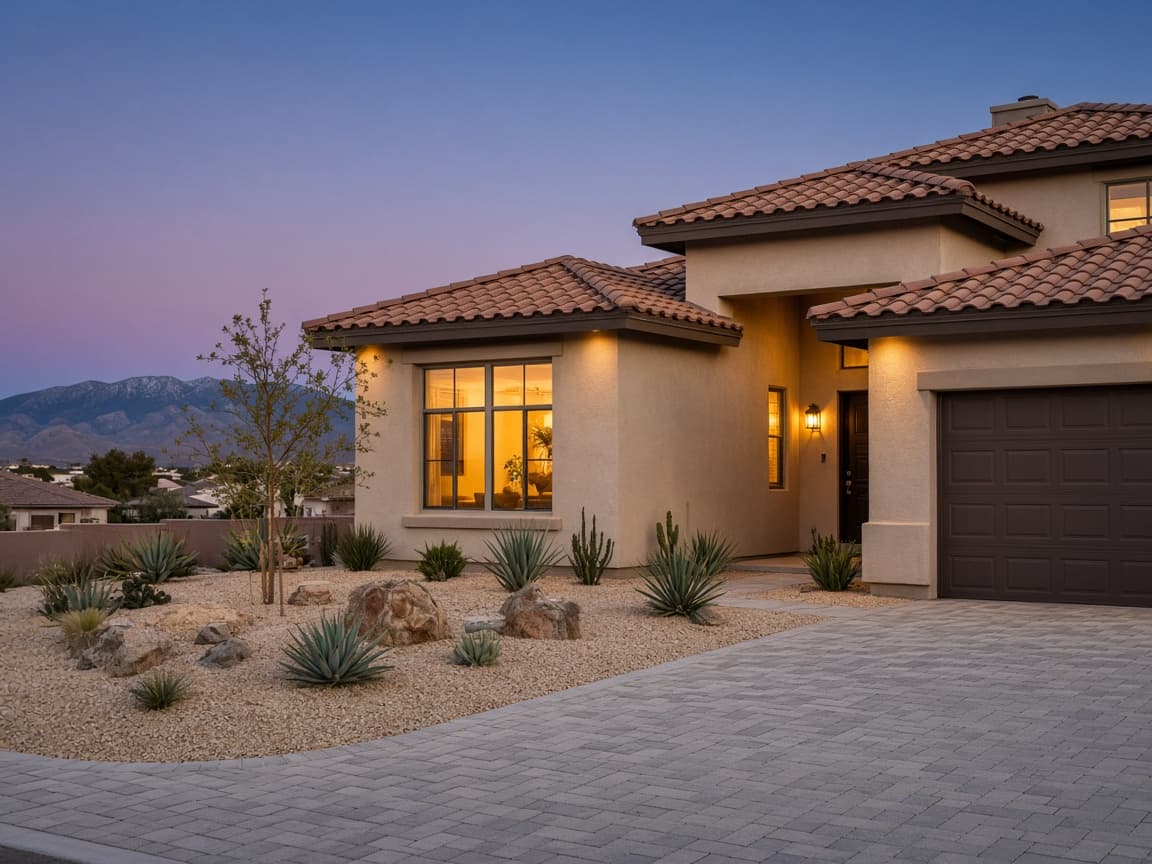 Listing-ready Providence Las Vegas home exterior at dusk with desert landscaping