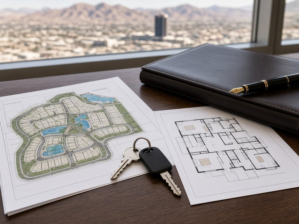 Neighborhood map, floor plan, and house keys on a Providence Real Estate consultation table