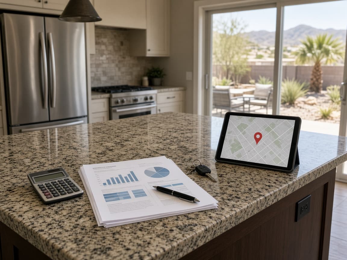 Kitchen island with a comparable-sales report, calculator, and house keys in Providence Las Vegas