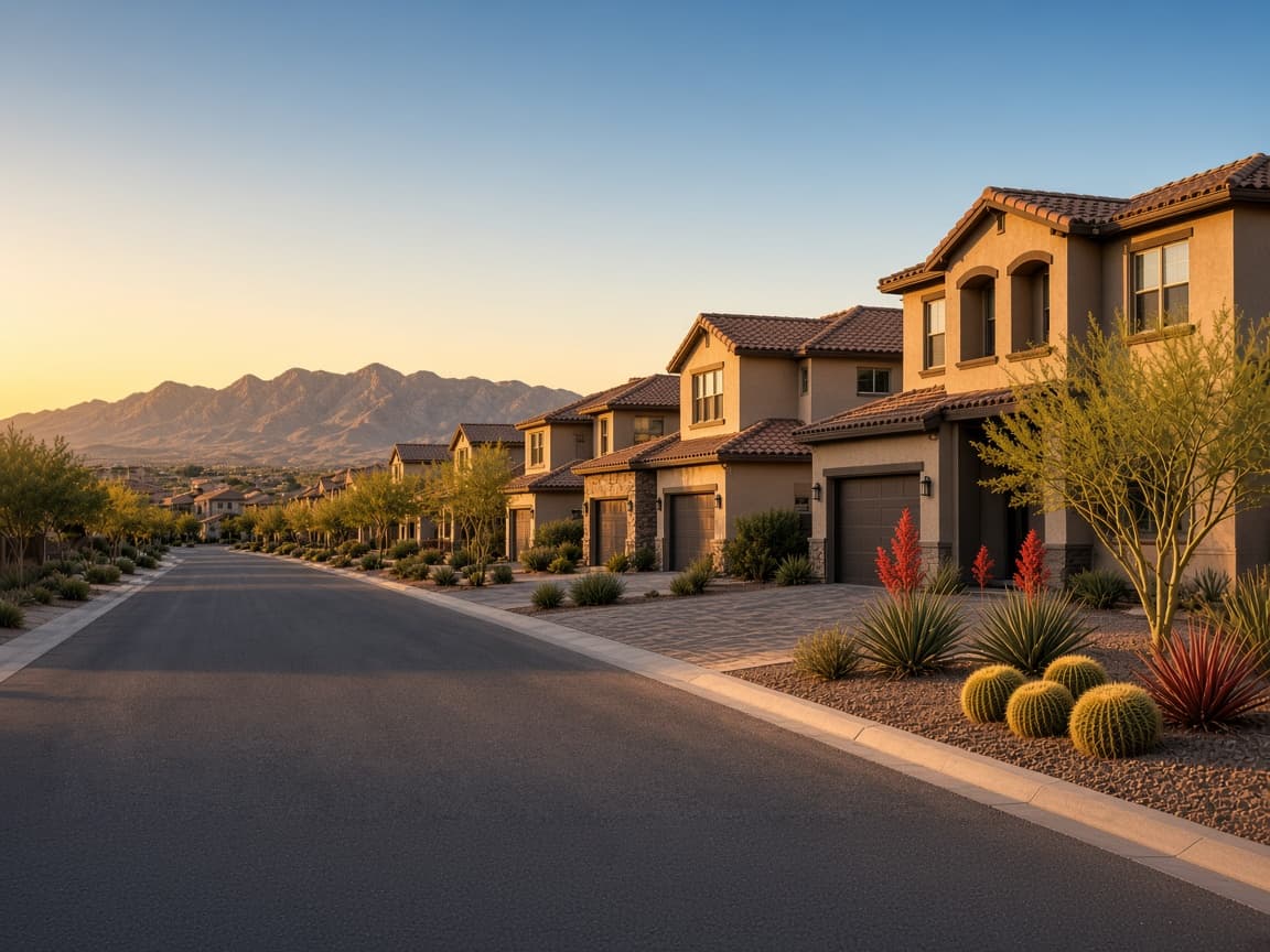 Sunny HOA street of tile-roof homes in Providence Las Vegas with Spring Mountains beyond